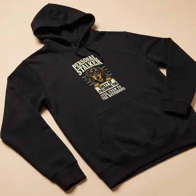 Vintage illustration of a dachshund with humorous text about companionship — printed on a unisex hoodie