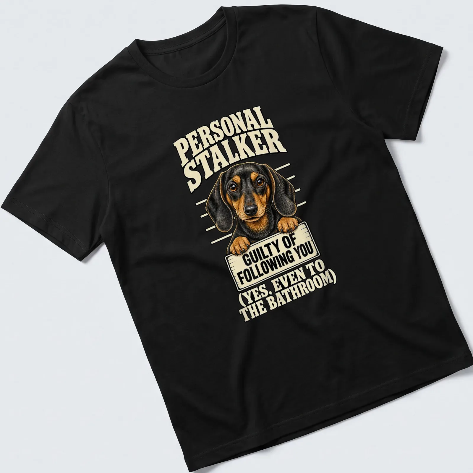 Vintage illustration of a dachshund with humorous text about companionship — printed on a unisex t-shirt