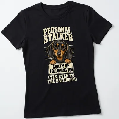 Vintage illustration of a dachshund with humorous text about companionship — printed on a women's shirt
