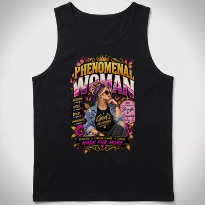 Inspirational graphic featuring a confident woman with empowering text from Proverbs 31:25 — printed on a tank top