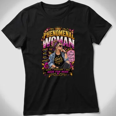 Inspirational graphic featuring a confident woman with empowering text from Proverbs 31:25 — printed on a women's shirt