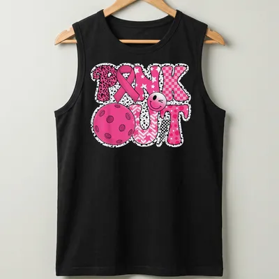 Colorful graphic t-shirt with Pickleball and pink ribbon design — printed on a tank top