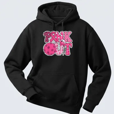Colorful graphic t-shirt with Pickleball and pink ribbon design — printed on a unisex hoodie