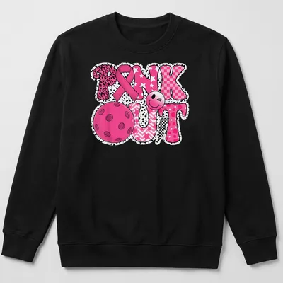 Colorful graphic t-shirt with Pickleball and pink ribbon design — printed on a unisex sweatshirt