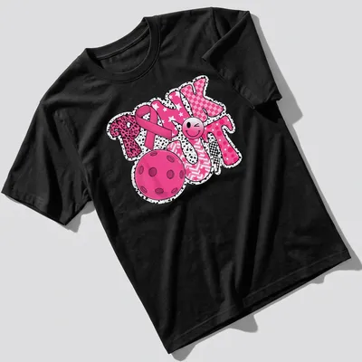 Colorful graphic t-shirt with Pickleball and pink ribbon design