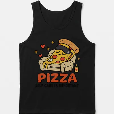 Kawaii cartoon pizza slice with text about self-care on a — printed on a tank top