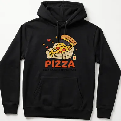 Kawaii cartoon pizza slice with text about self-care on a — printed on a unisex hoodie