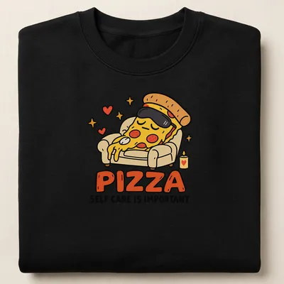 Kawaii cartoon pizza slice with text about self-care on a — printed on a unisex sweatshirt