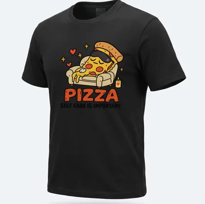 Kawaii cartoon pizza slice with text about self-care on a T-shirt