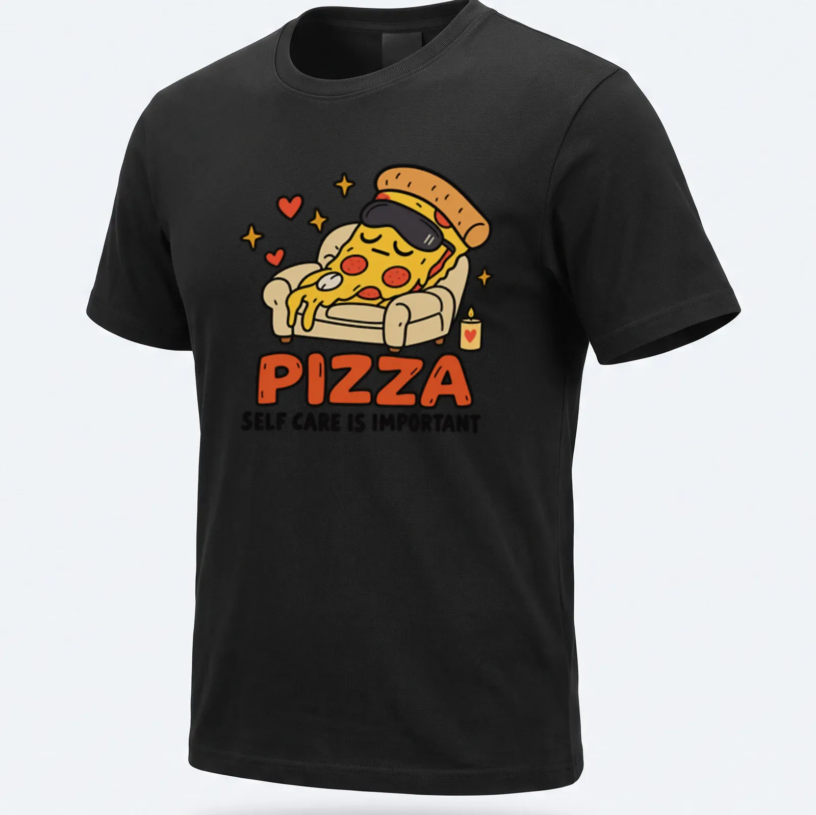 Kawaii cartoon pizza slice with text about self-care on a — printed on a unisex t-shirt