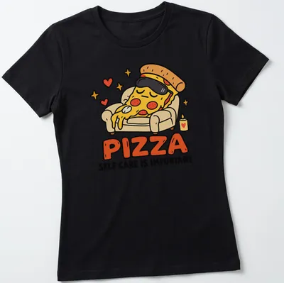 Kawaii cartoon pizza slice with text about self-care on a — printed on a women's shirt