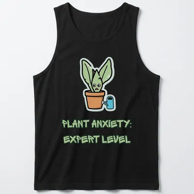 Kawaii cartoon of a funny plant character with the text 'Plant Anxiety: Expert Level' — printed on a tank top