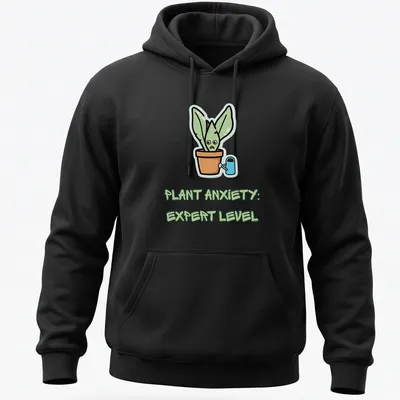 Kawaii cartoon of a funny plant character with the text 'Plant Anxiety: Expert Level' — printed on a unisex hoodie
