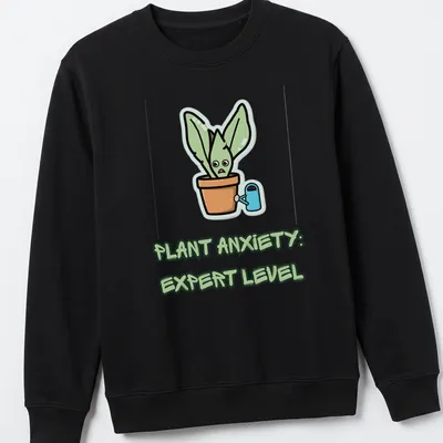 Kawaii cartoon of a funny plant character with the text 'Plant Anxiety: Expert Level' — printed on a unisex sweatshirt
