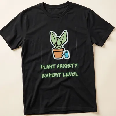 Kawaii cartoon of a funny plant character with the text 'Plant Anxiety: Expert Level' — printed on a unisex t-shirt