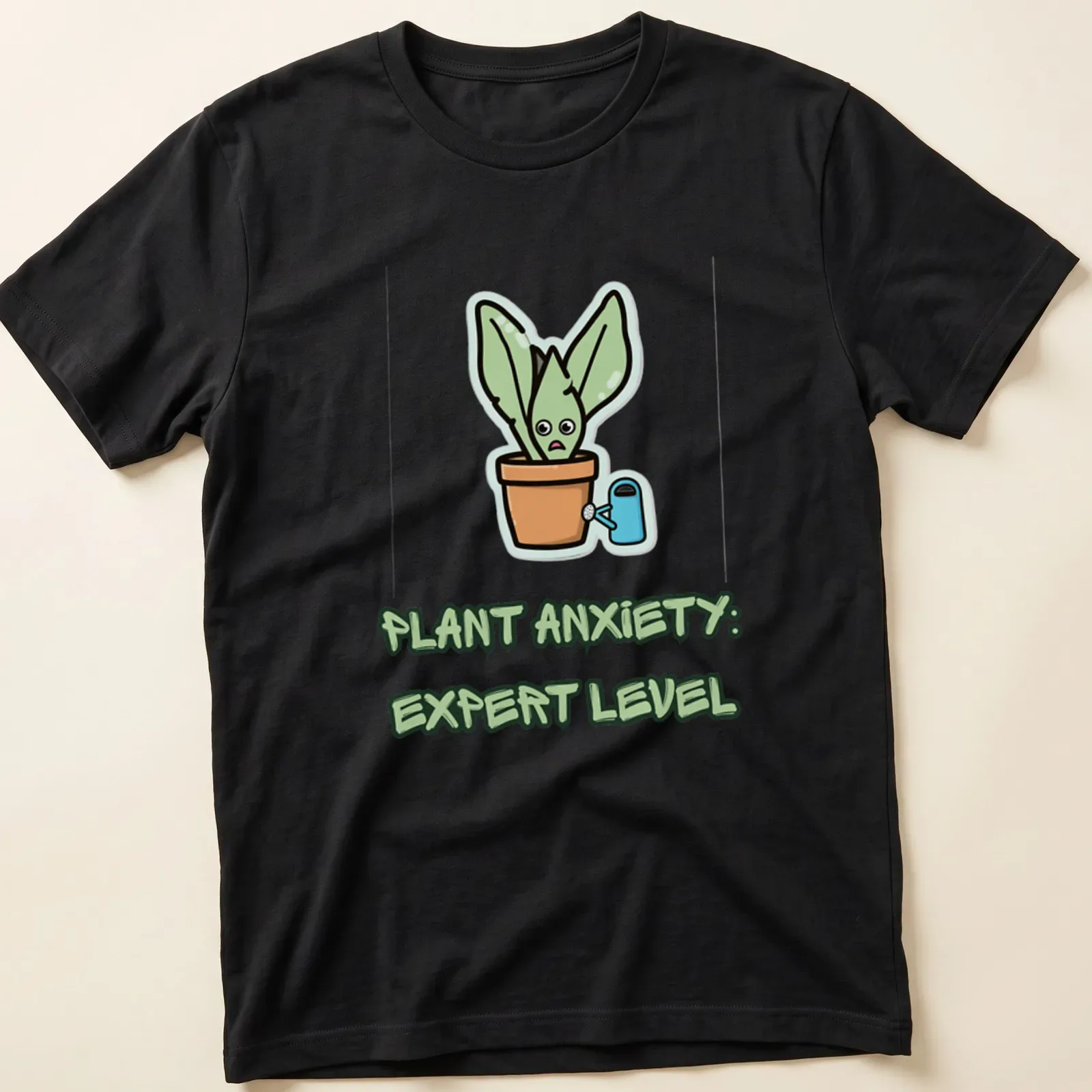Kawaii cartoon of a funny plant character with the text 'Plant Anxiety: Expert Level' — printed on a unisex t-shirt