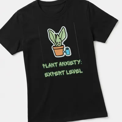 Kawaii cartoon of a funny plant character with the text 'Plant Anxiety: Expert Level' — printed on a women's shirt