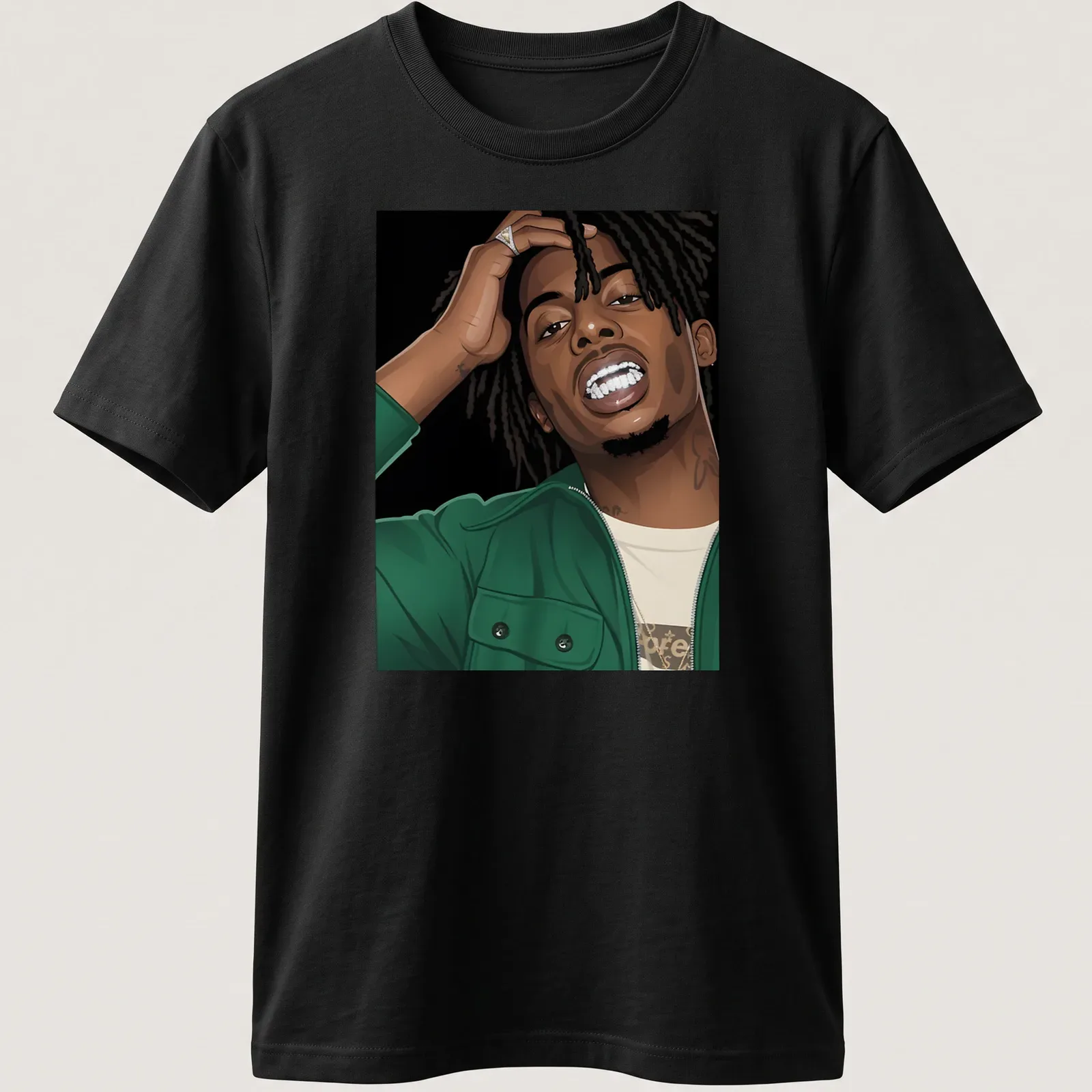 Illustration of Playboi Carty in bold vector art with green and black elements — printed on a unisex t-shirt
