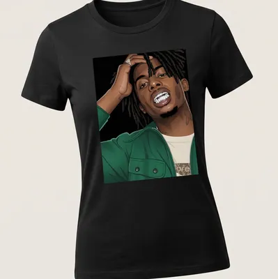 Illustration of Playboi Carty in bold vector art with green and black elements — printed on a women's shirt