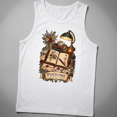 Vintage writing-themed shirt with Poetcore Journal Club graphic — printed on a tank top