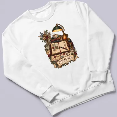 Vintage writing-themed shirt with Poetcore Journal Club graphic — printed on a unisex sweatshirt