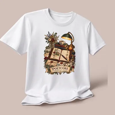 Vintage writing-themed shirt with Poetcore Journal Club graphic — printed on a unisex t-shirt (angled view)