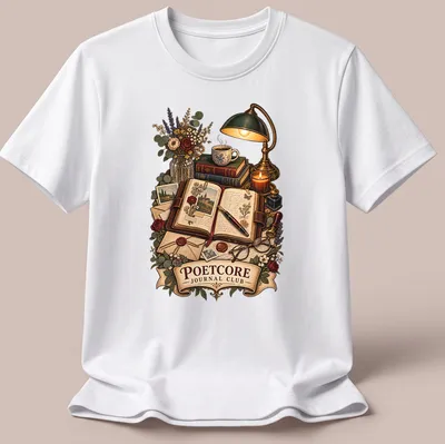 Vintage writing-themed shirt with Poetcore Journal Club graphic