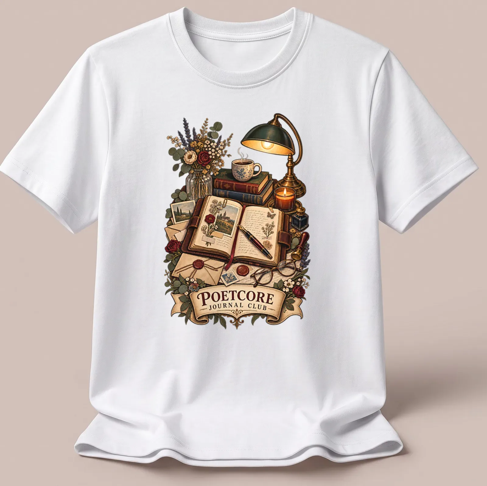 Vintage writing-themed shirt with Poetcore Journal Club graphic — printed on a unisex t-shirt
