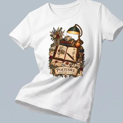 Vintage writing-themed shirt with Poetcore Journal Club graphic — printed on a women's shirt