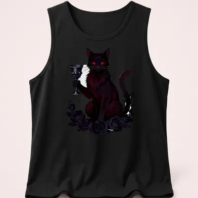 Gothic style t-shirt featuring a black cat and roses with the text Poison Chalice — printed on a tank top