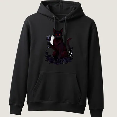 Gothic style t-shirt featuring a black cat and roses with the text Poison Chalice — printed on a unisex hoodie