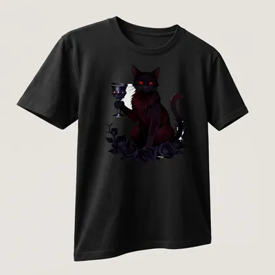 Gothic style t-shirt featuring a black cat and roses with the text Poison Chalice — printed on a unisex t-shirt (angled view)