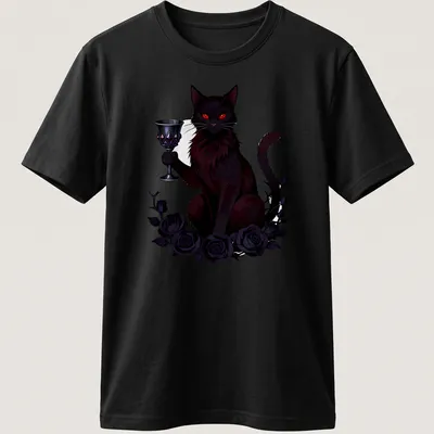 Gothic style t-shirt featuring a black cat and roses with the text Poison Chalice