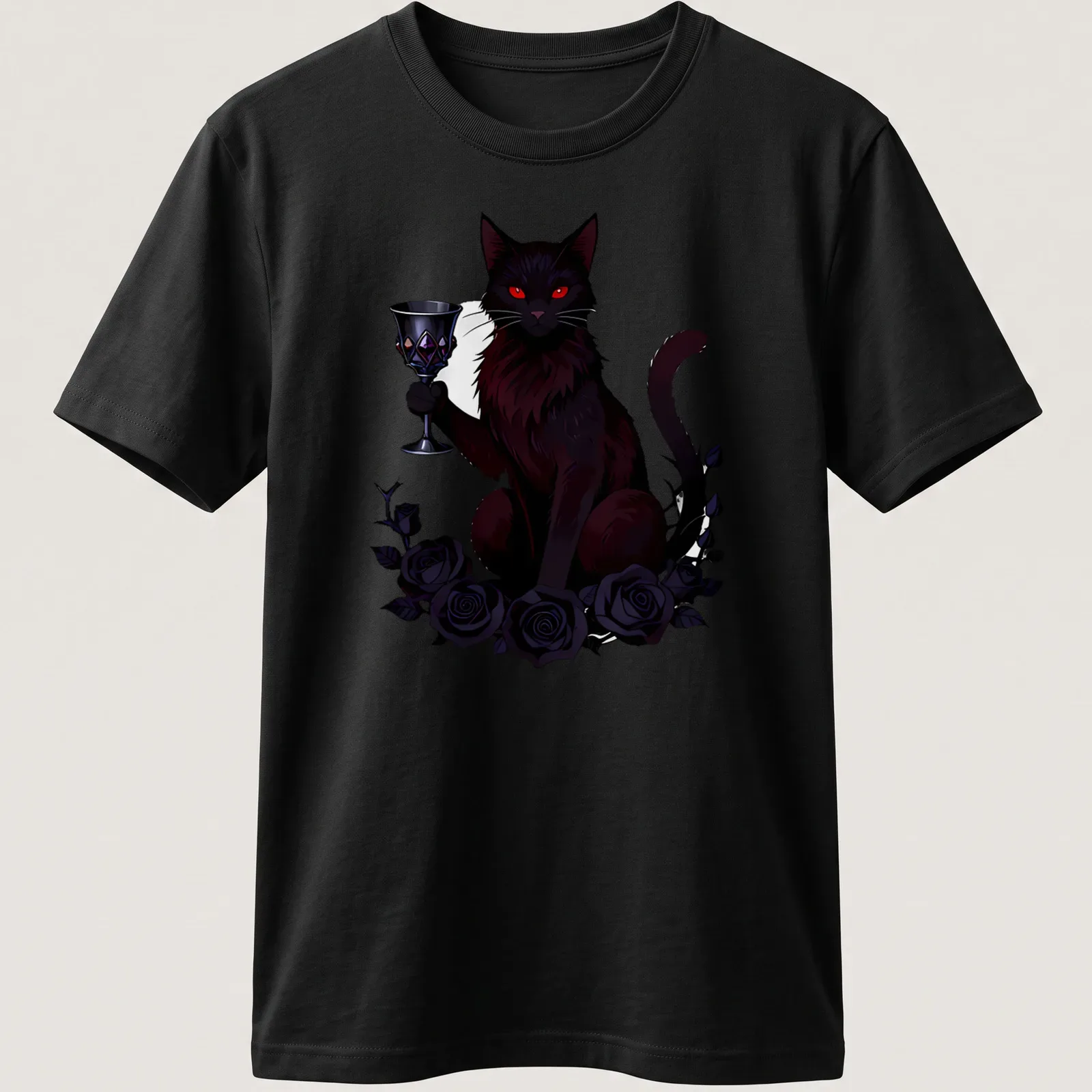 Gothic style t-shirt featuring a black cat and roses with the text Poison Chalice — printed on a unisex t-shirt