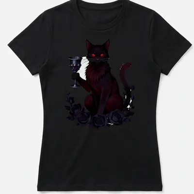 Gothic style t-shirt featuring a black cat and roses with the text Poison Chalice — printed on a women's shirt