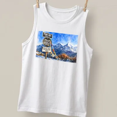 Watercolor mountain landscape with multiple signs and vibrant colors — printed on a tank top