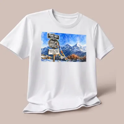 Watercolor mountain landscape with multiple signs and vibrant colors — printed on a unisex t-shirt (angled view)