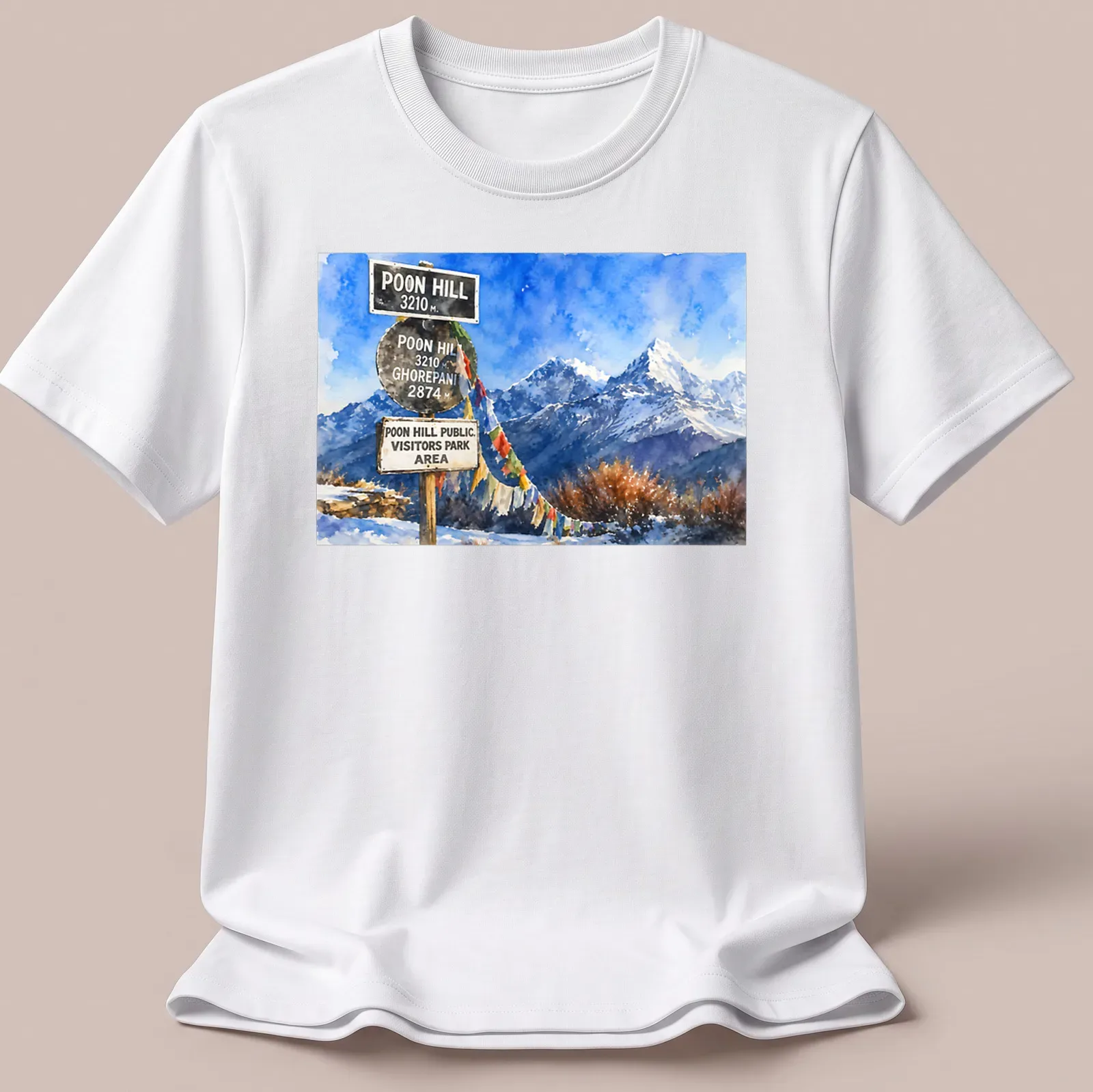 Watercolor mountain landscape with multiple signs and vibrant colors — printed on a unisex t-shirt