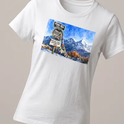 Watercolor mountain landscape with multiple signs and vibrant colors — printed on a women's shirt