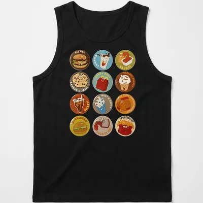 Kawaii cartoon McChicken characters and fast food icons with vibrant colors — printed on a tank top