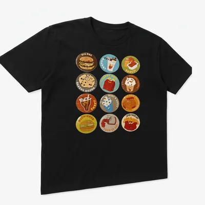 Kawaii cartoon McChicken characters and fast food icons with vibrant colors — printed on a unisex t-shirt (angled view)