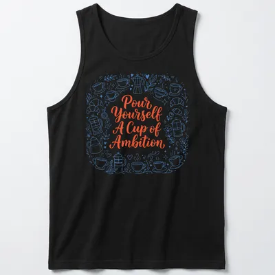 Whimsical coffee and croissants design with playful text in blue and orange — printed on a tank top