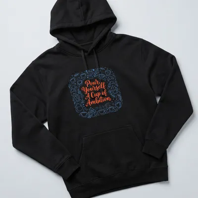 Whimsical coffee and croissants design with playful text in blue and orange — printed on a unisex hoodie