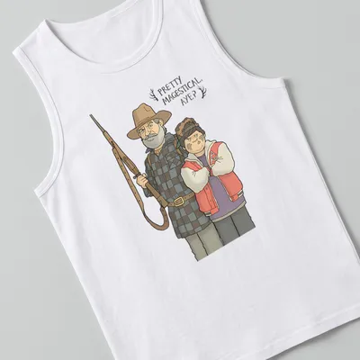 Cartoon style t-shirt featuring characters from Hunt For The Wilderpeople with playful text. — printed on a tank top