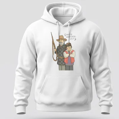 Cartoon style t-shirt featuring characters from Hunt For The Wilderpeople with playful text. — printed on a unisex hoodie