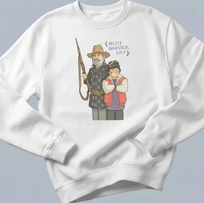 Cartoon style t-shirt featuring characters from Hunt For The Wilderpeople with playful text. — printed on a unisex sweatshirt