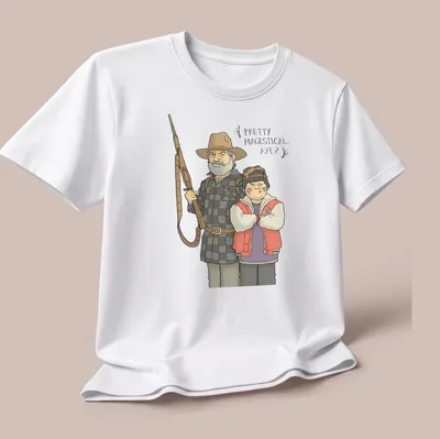Cartoon style t-shirt featuring characters from Hunt For The Wilderpeople with playful text. — printed on a unisex t-shirt (angled view)