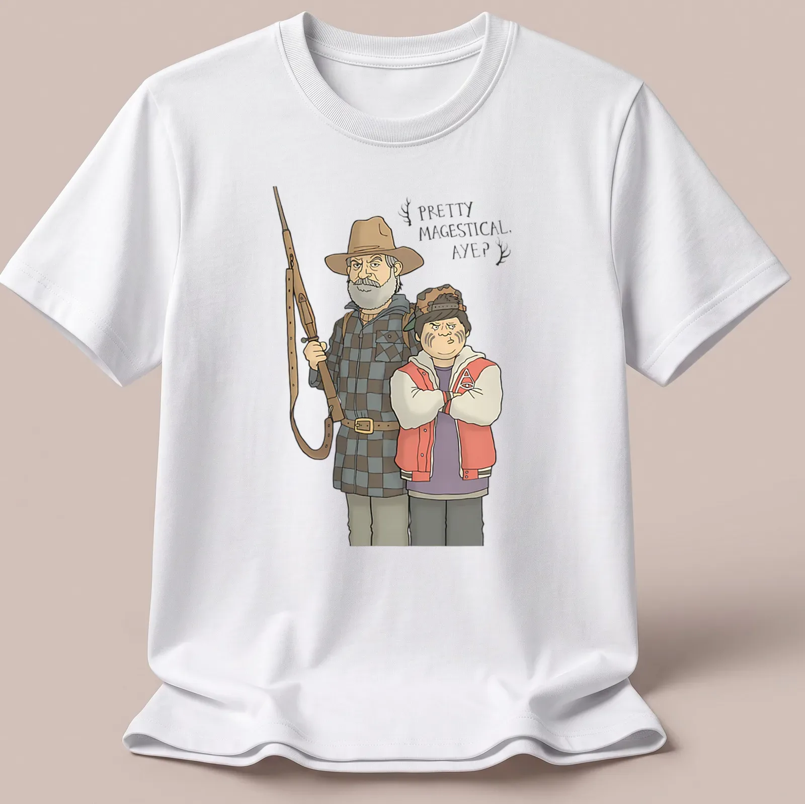 Cartoon style t-shirt featuring characters from Hunt For The Wilderpeople with playful text. — printed on a unisex t-shirt