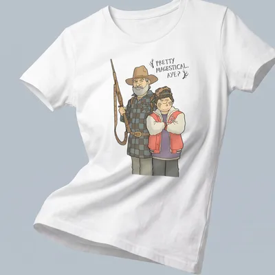 Cartoon style t-shirt featuring characters from Hunt For The Wilderpeople with playful text. — printed on a women's shirt