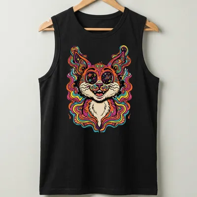 Psychedelic cat portrait in vibrant pink, orange, blue, green, and purple colors — printed on a tank top